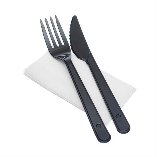 Комплект одноразовых приборов 3 (вилка чер., нож чер., салфетка 24х24 см), 300 шт 19-4141